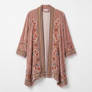 New Time for Me Velvet Kimono Cardigan Women 2X Peach Embroidered Boho